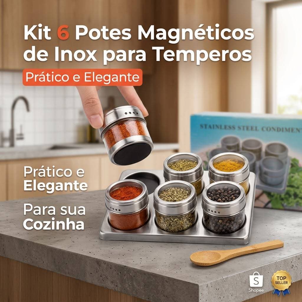 Kit 6 Porta Temperos Magnéticos Inox Condimentos Tempero Cozinha