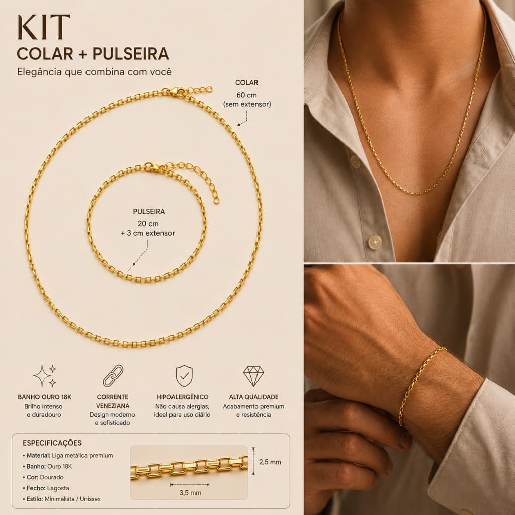 Kit Tijolinho Banhado a Ouro 18K + Corrente Tijolinho Masculino + Pulseira Semijoias Masculina, Uso Diario Premium
