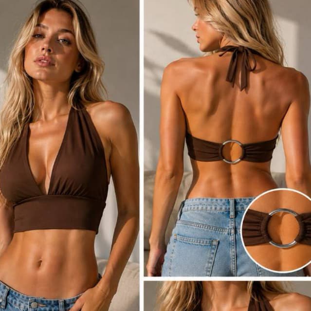 Top Cropped Frente Única com Decote V Profundo Amarração no Pescoço e Detalhe Sofisticado de Argola Metálica