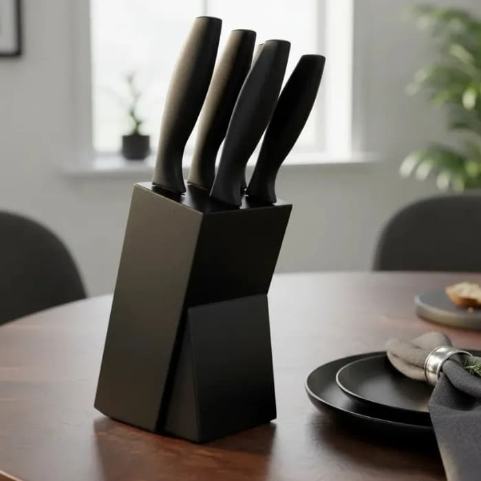 Kit 5 Facas de Inox com Cepo de Madeira PRETO – Casa Cozinha Gourmet Design Moderno e Funcional