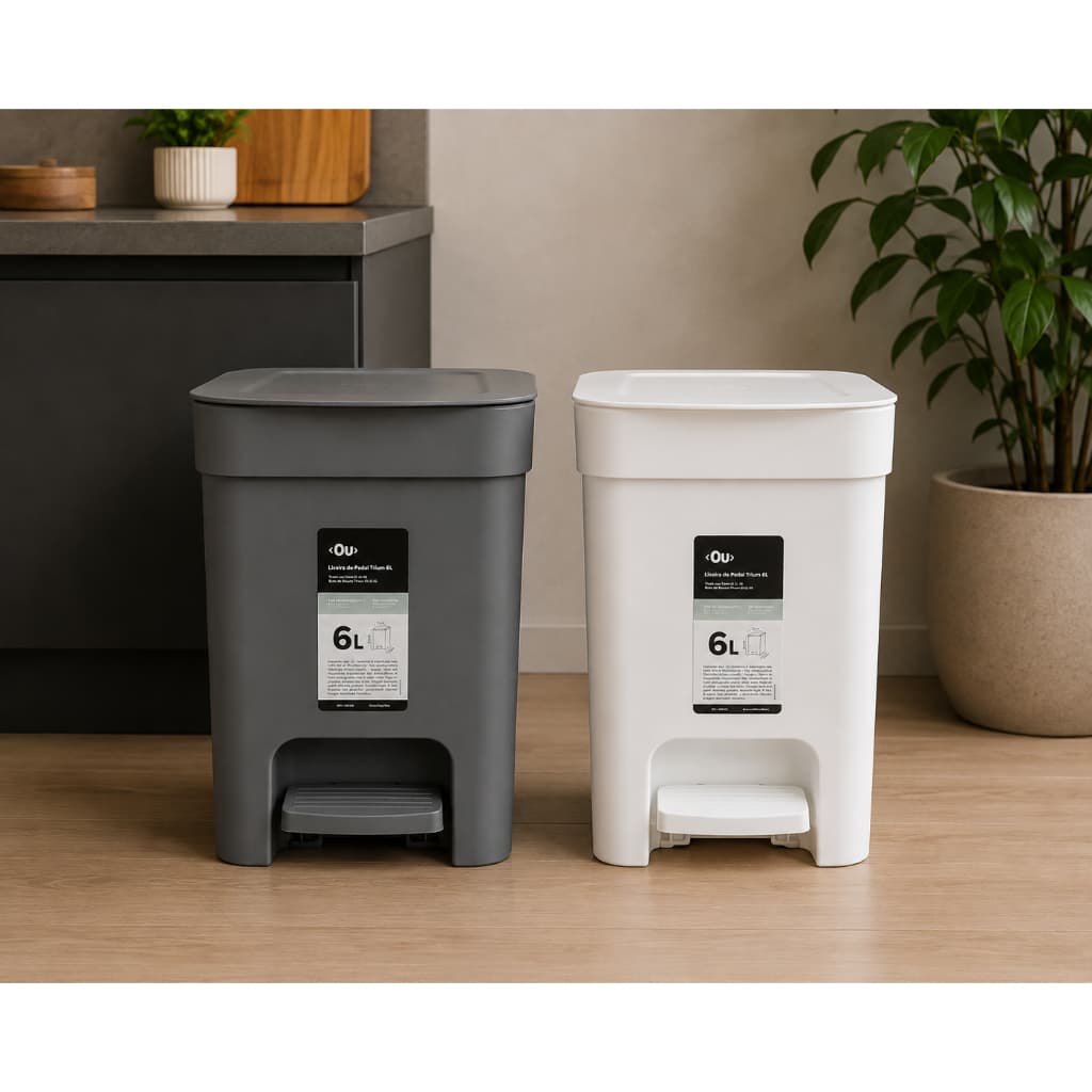 Lixeira com Pedal 6L Retangular Tampa Anel para Saco Banheiro Cozinha Branca ou Cinza