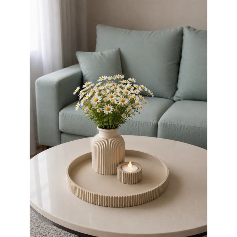 Kit Bandeja Decorativa Redonda + Vaso Canelado + Porta-Vela | Decoração Minimalista