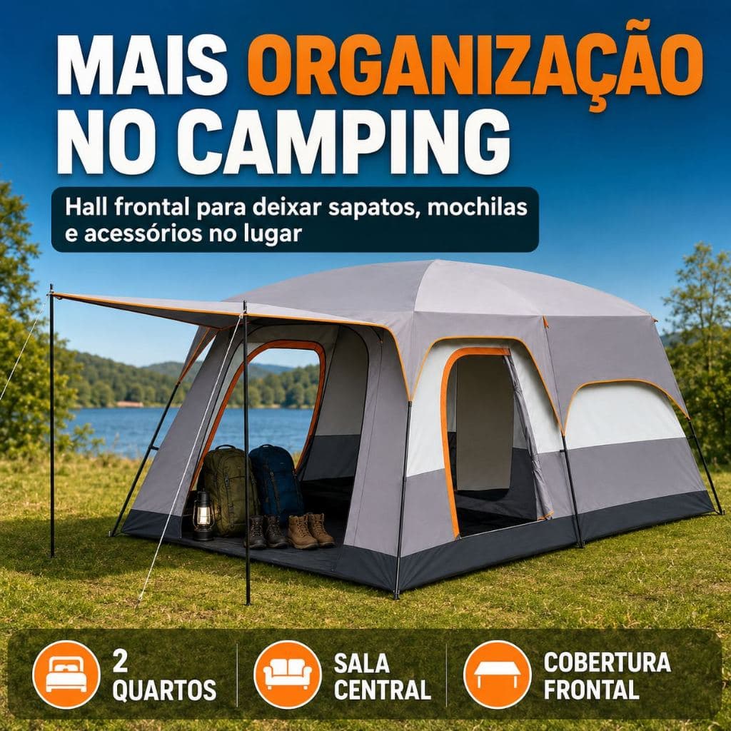 Barraca Familiar Grande 8–12 Pessoas com 2 Quartos, Sala, Hall Frontal e Espaço Extra para Organizar Equipamentos