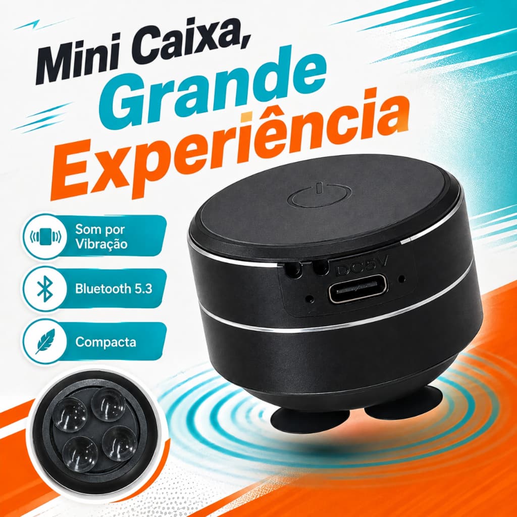 Caixa de Som Mini por Vibração e Ressonância Bluetooth 5.3 3W Portátil TWS com 4 Ventosas e USB Type-C