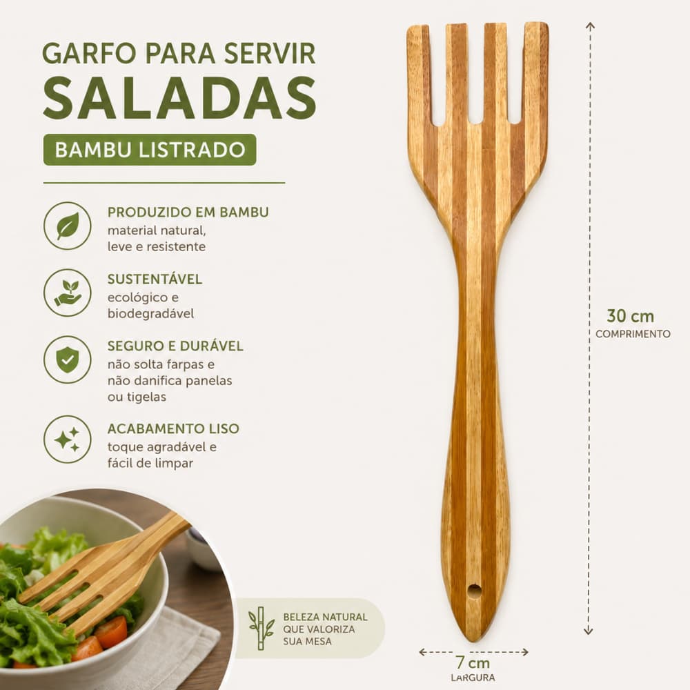Garfo de Bambu para Servir Massas Saladas Michelon 30x7cm