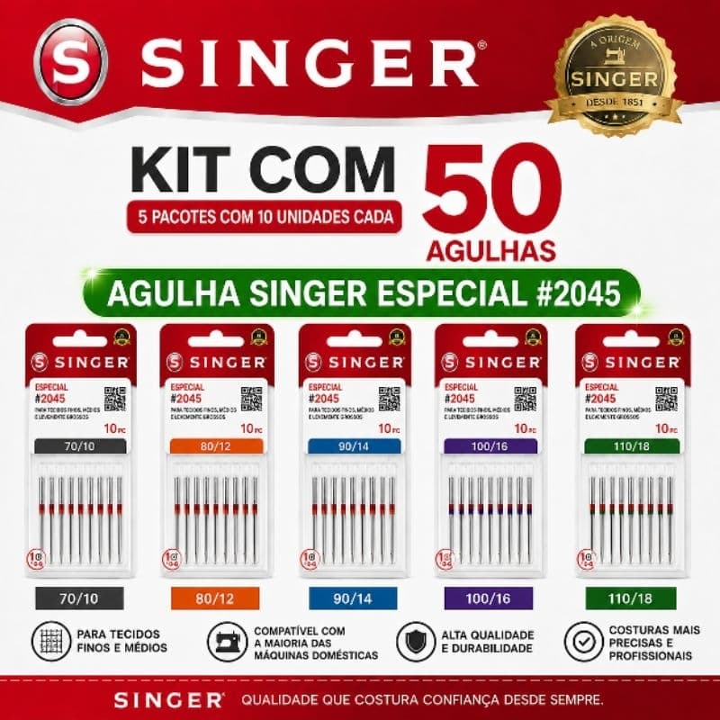 Kit Completo Agulha Singer Especial #2045 Original | 50 Agulhas para Máquina de Costura Doméstica