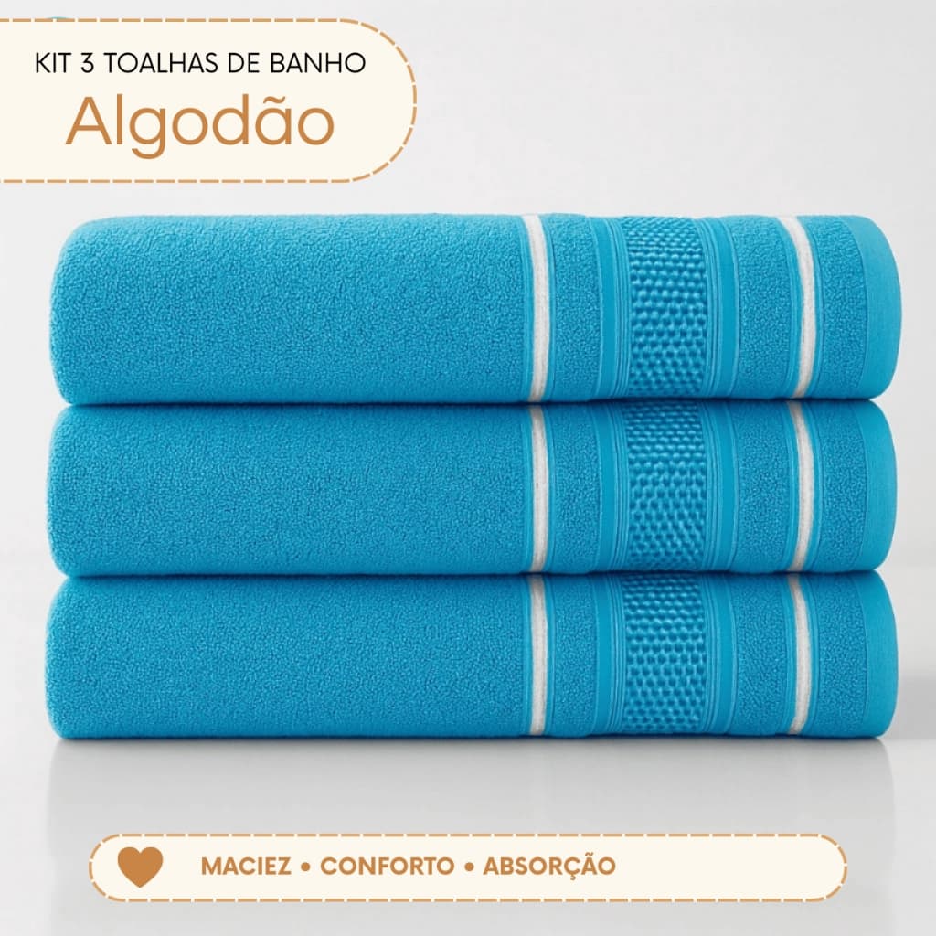 Kit Toalhas de Banho 3 Peças 68x130cm 100% Algodão 280g/m² Macias Absorventes Secagem Rápida Várias Cores
