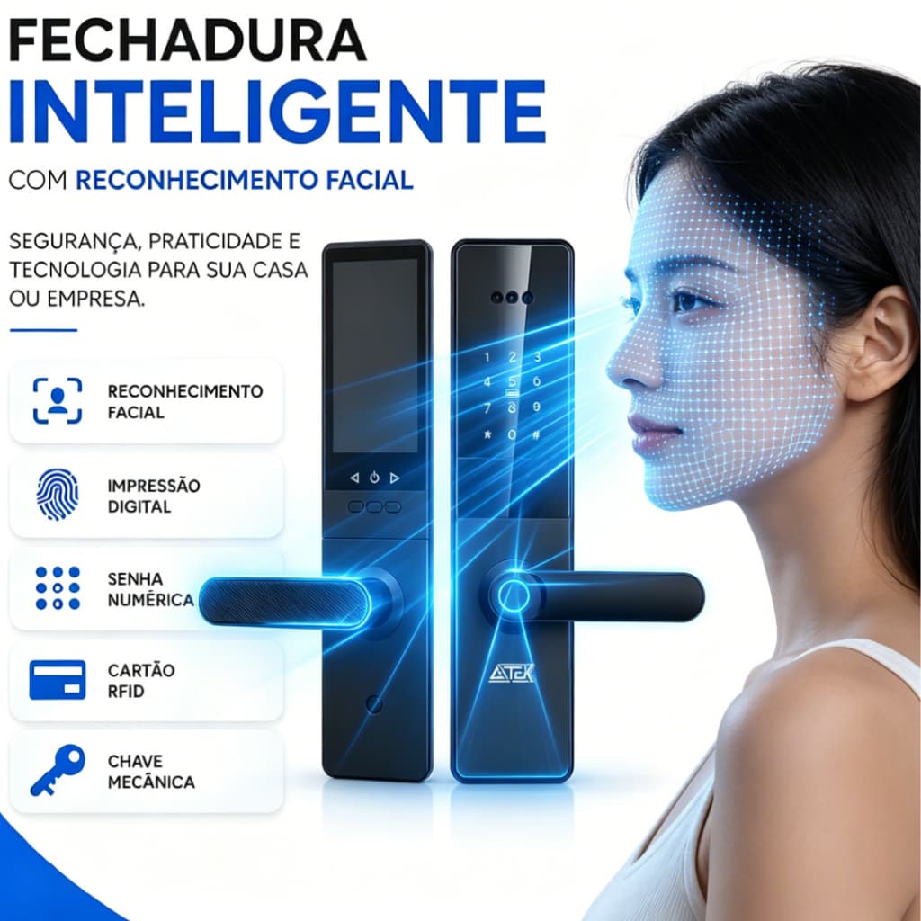 Fechadura Digital Inteligente 6 em 1 Reconhecimento Facial Palma da Mão WiFi APP Remoto Anatel AITEK