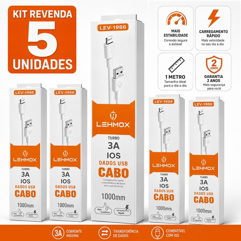 Kit Atacado 5 Cabos USB Type-A para Dispositivos IOS Tablet iPad Revenda com Nfe