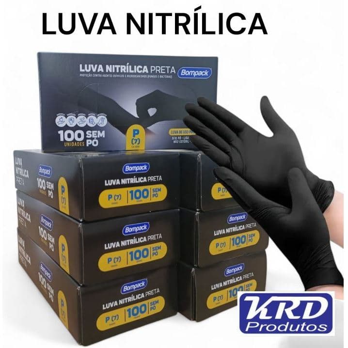 Luva Nitrílica Preta Bompack Sem Pó Caixa 100 Unidades