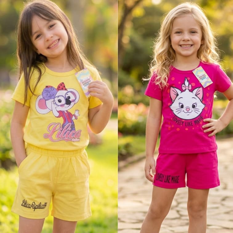 Conjunto 100% Algodão Infantil Menina Verão conjunto infantil short e blusa / top - moda infantil Feminina look casual