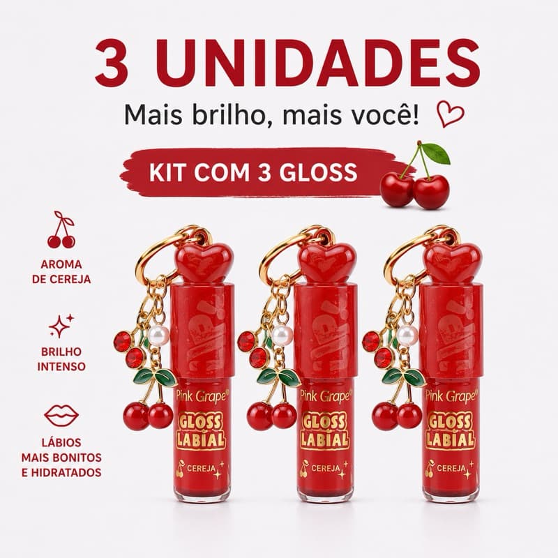 Lip Gloss Labial Cereja Hidratante com Chaveiro Fofo | Brilho Intenso + Aroma Delicioso brilho labial para Chaves Batom