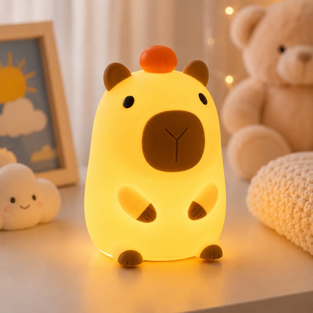 Luminária Infantil Capivara LED RGB de Silicone Recarregável Touch USB Decorativa para Quarto e Mesa de Cabeceira