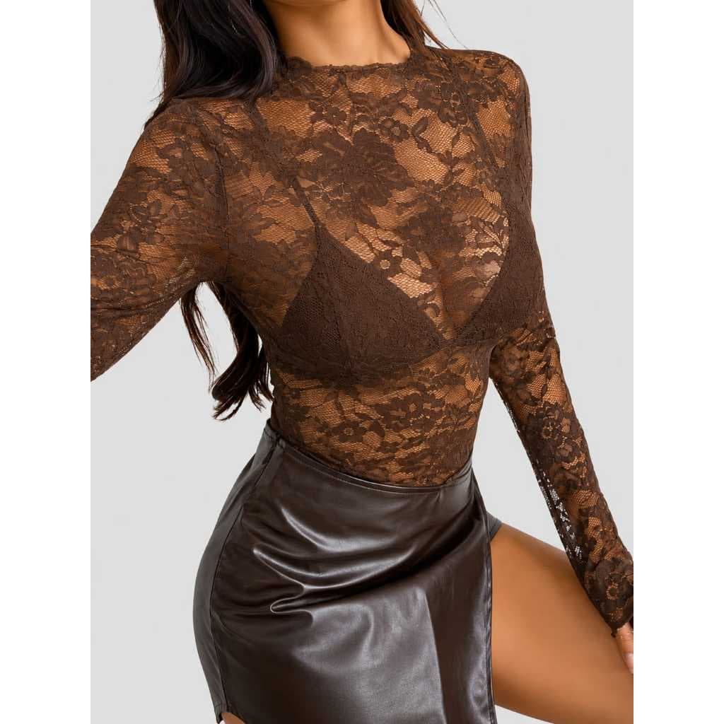 ✨Body Feminino Elegante Renda Manga Longa Gola Alta Confortável Estilo Blogueira Moda Outono Feminina