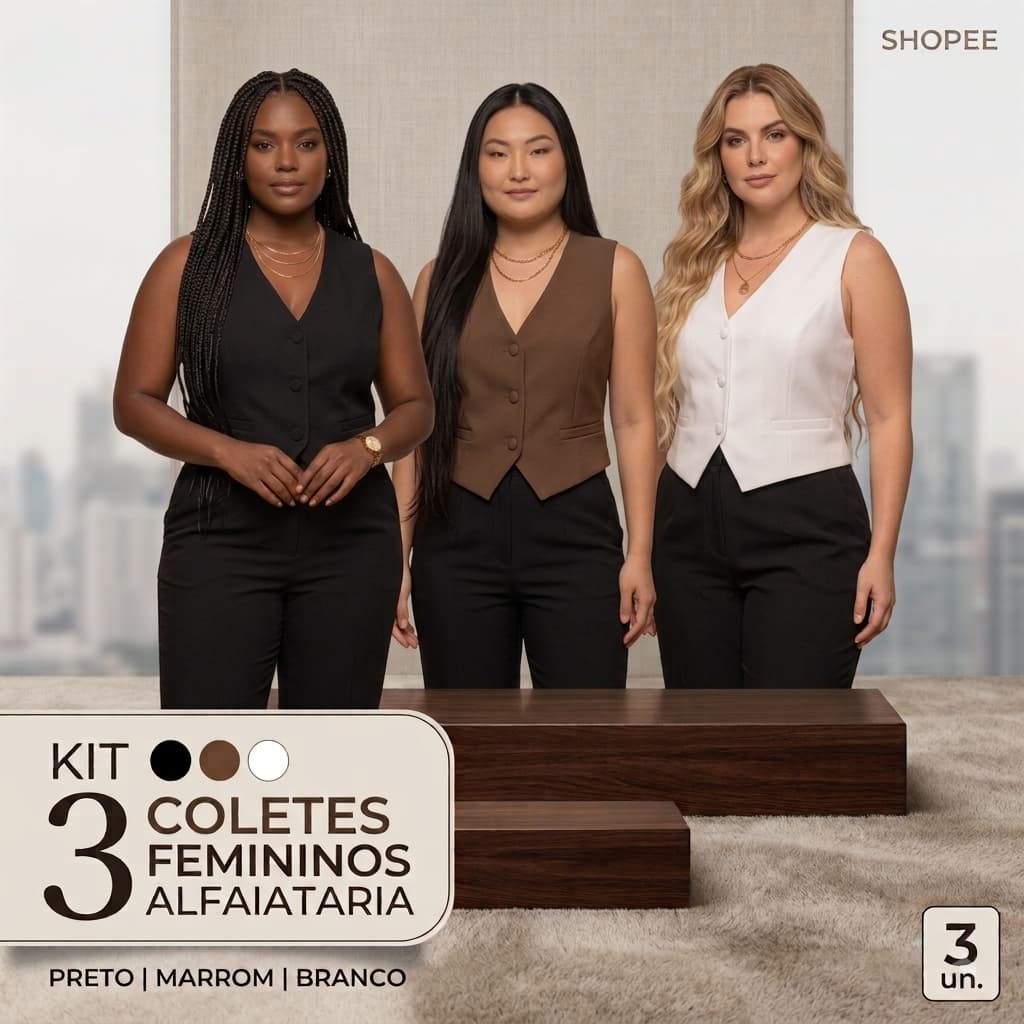 Kit 3 Colete Feminino Gola V Social Alfaiataria Botão Forrado Executivo Slin E Plus Size Casual