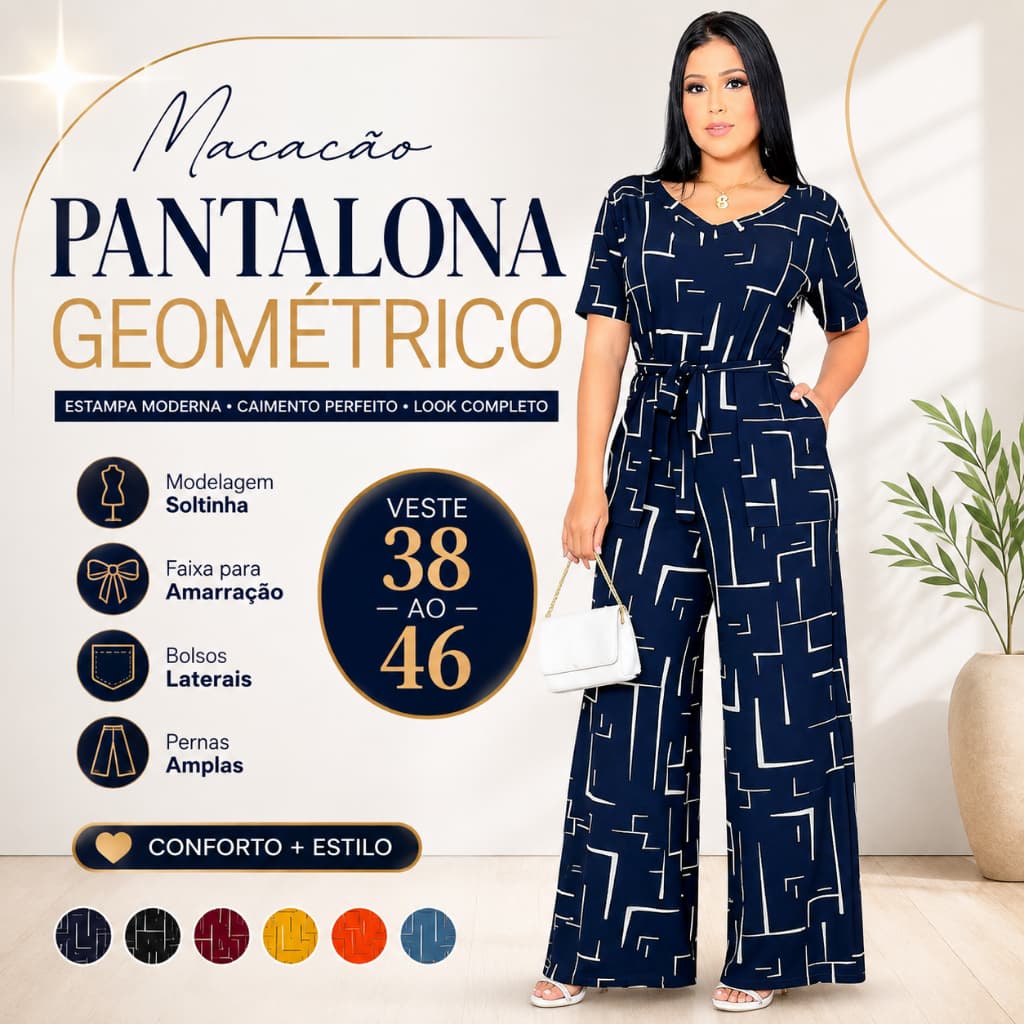 Macacão Feminino Pantalona Estampado Geométrico Soltinho Tamanho Único 38 ao 46 Moda Feminina