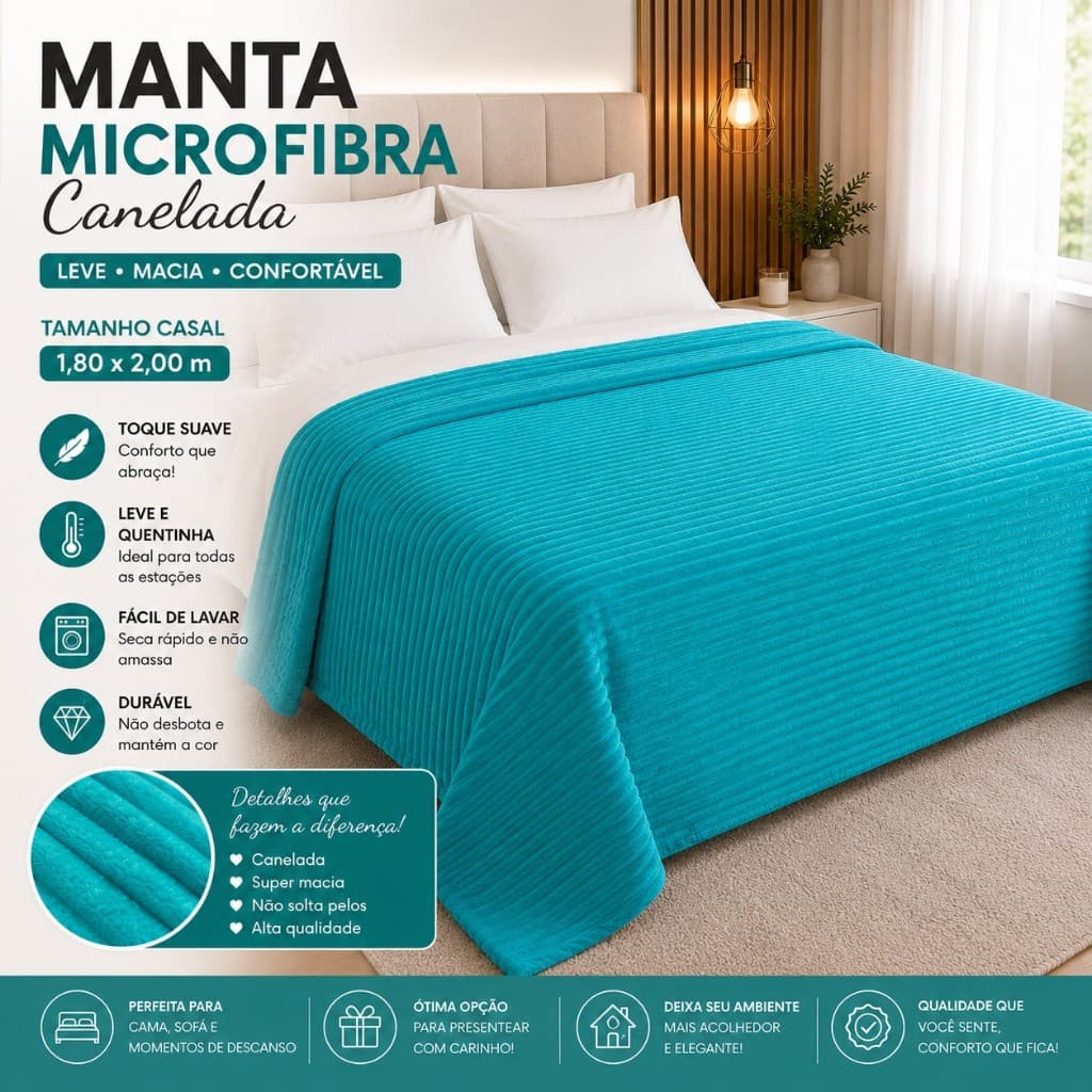Manta Microfibra Canelada Casal 1,80x2,0mt Macia Leve e Confortável