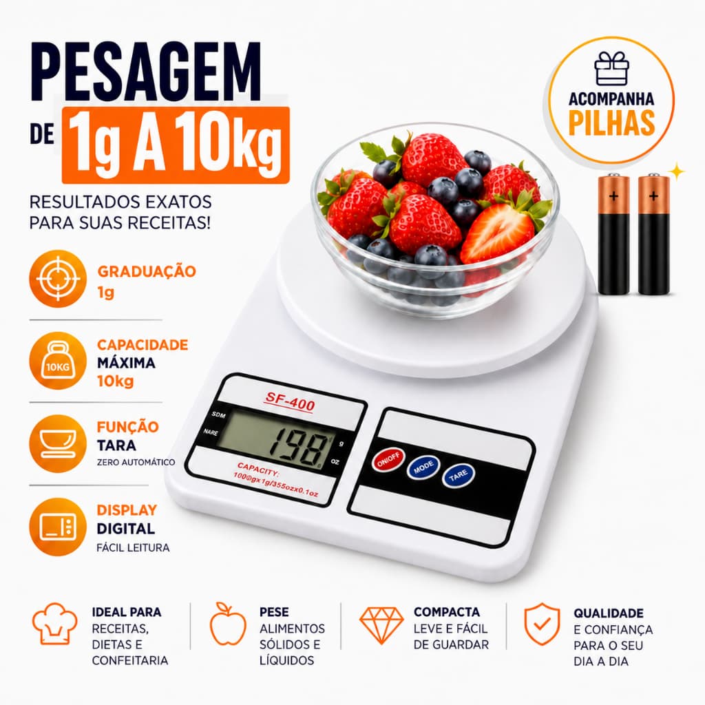Balança Digital de Cozinha SF-400 10kg Graduação 1g Dieta Confeitaria + 2 Pilhas Inclusas