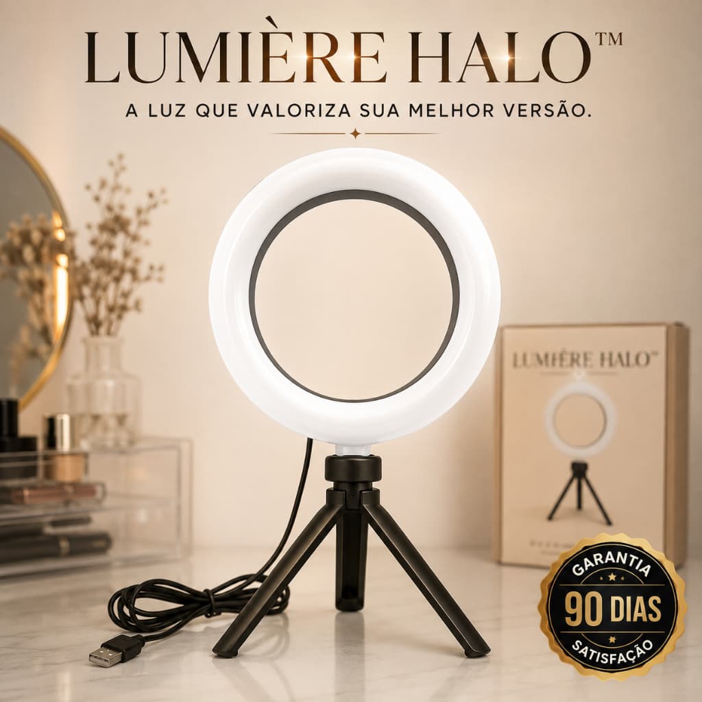 Ring Light Lumière Halo™ USB com Tripé – Luz LED para Vídeos, Maquiagem, Selfies e Lives