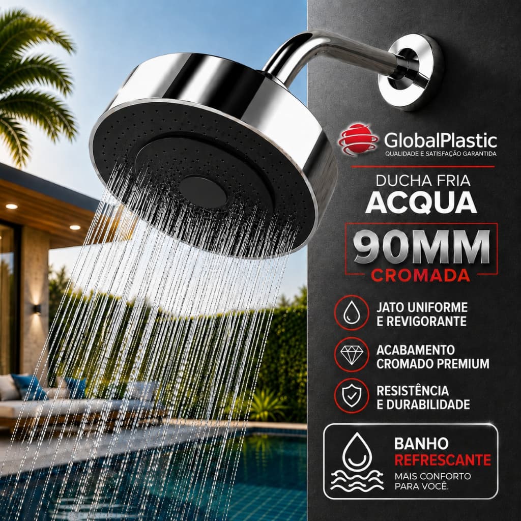 Ducha Chuveiro Articulada 90 mm para Água Quente e Fria, Aquecedor a Gás ou Solar, em ABS Cromado de Alta Qualidade