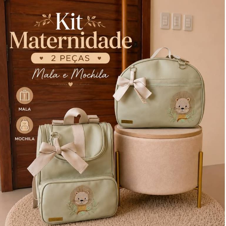 kit de bolsas maternidade 2 peças mala e mochila safari leão menino