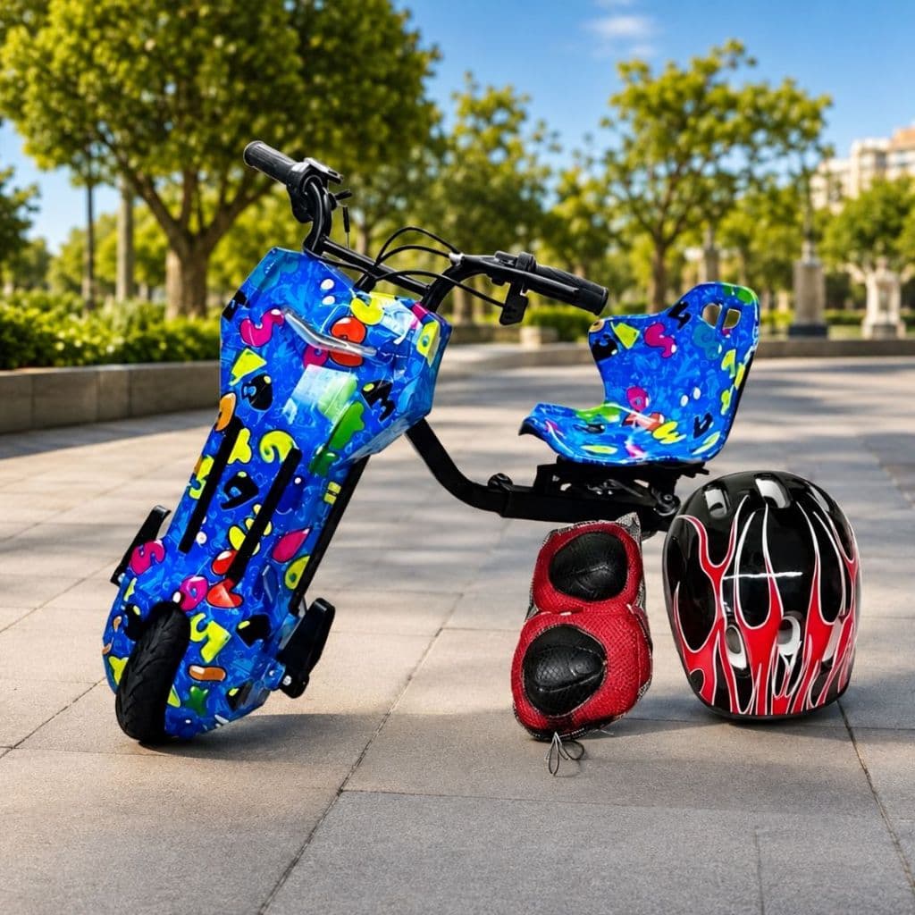 Carrinho Drift Elétrico Infantil 3 Rodas com Bluetooth, Capacete e Joelheira Brinde, para Criança