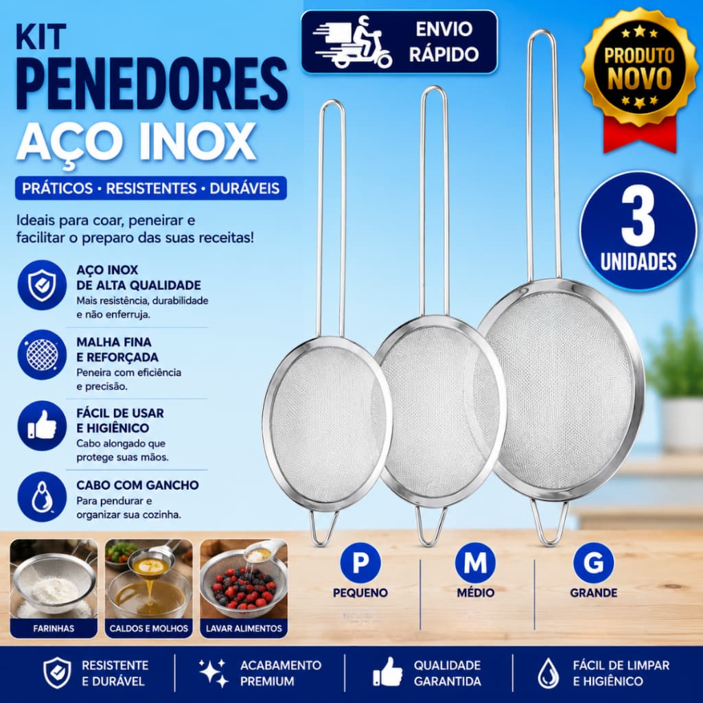 Conjunto 3 Peneira Em Aço Inox Multifuncional  3 Tamanhos P M G Para Cozinha Peneirar
