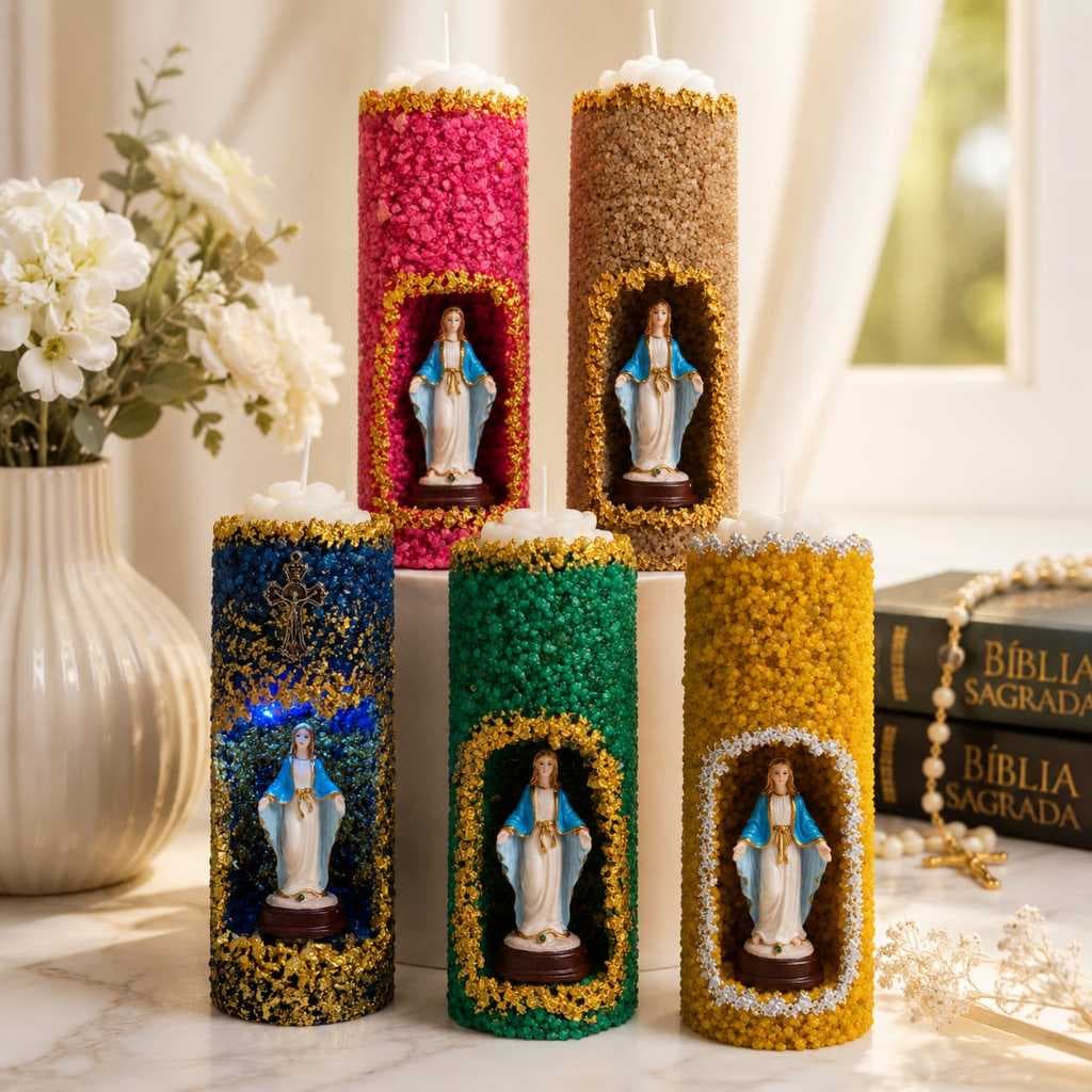 Vela Gruta de Nossa Senhora das Graças LUXO em pedras e Folhas de Ouro, Ouro liquido