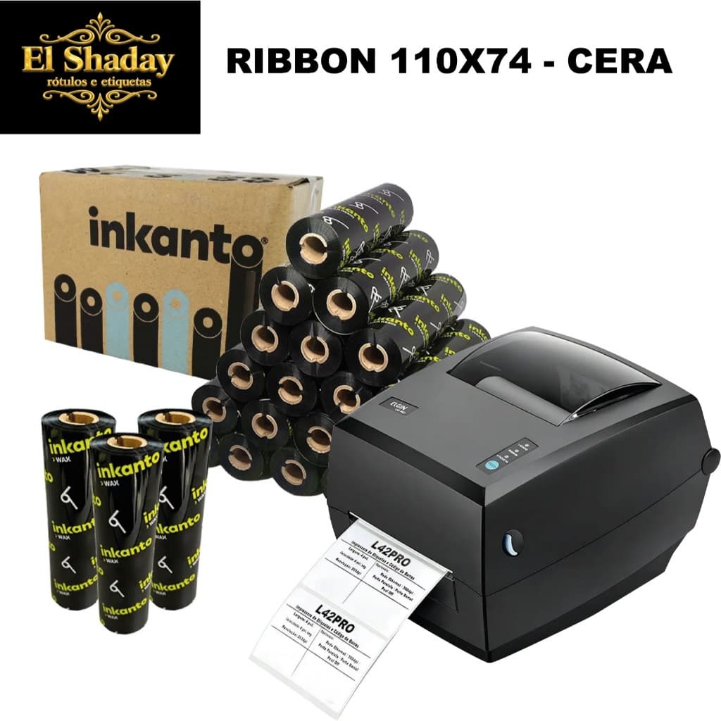 Kit 12 Ribbon Cera Inkanto 110x74m Preto Impressora Térmica Código de Barras