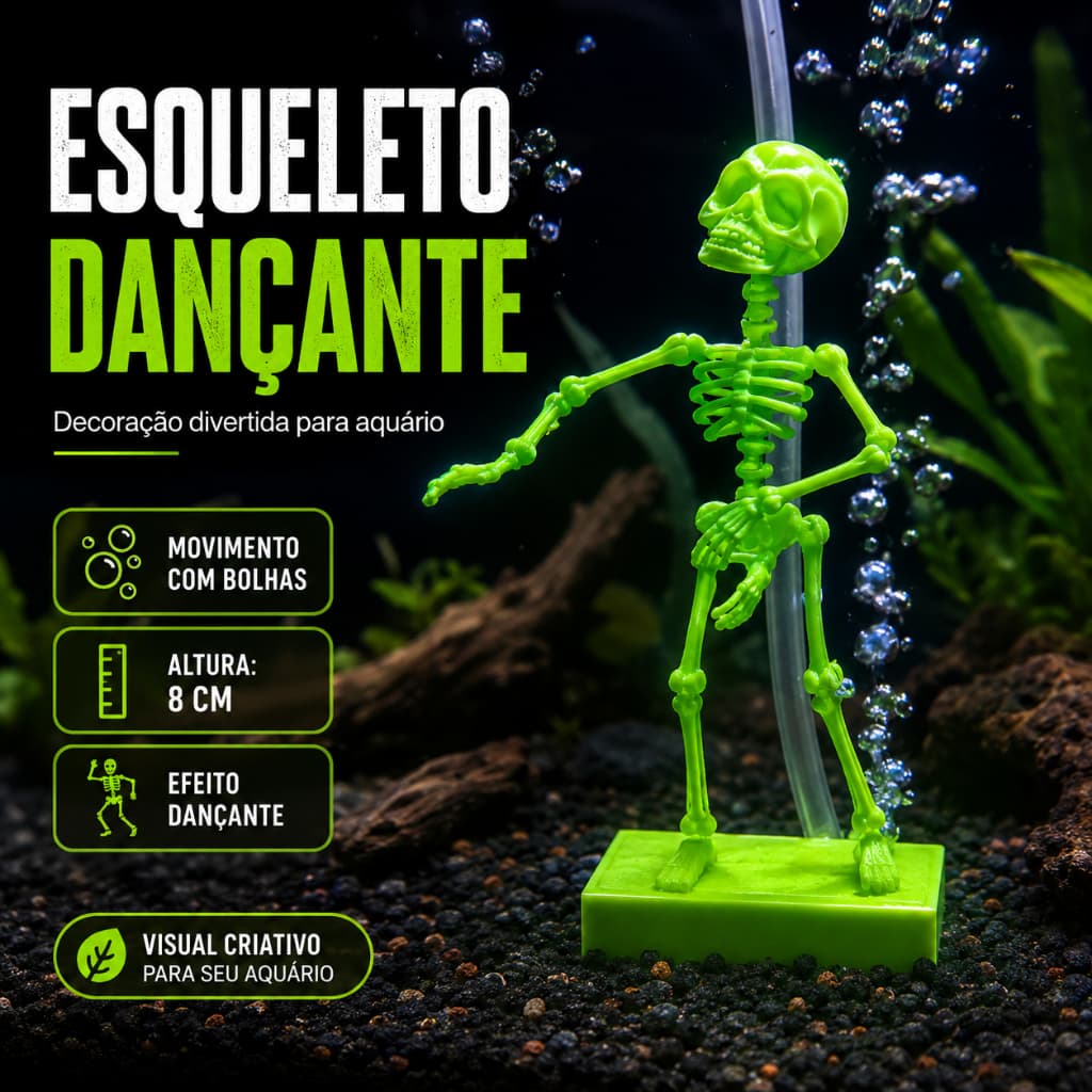 Esqueleto Dançante para Aquário Decoração Geek Divertida Articulada Peixes