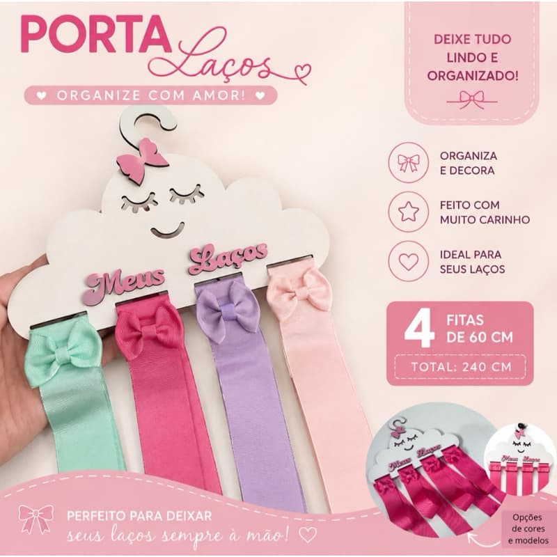 PORTA LAÇO NUVEM, ORGANIZADOR EM MDF PARA LAÇOS EM BICO DE PATO DE MENINA, DECORAÇÃO DE QUARTO