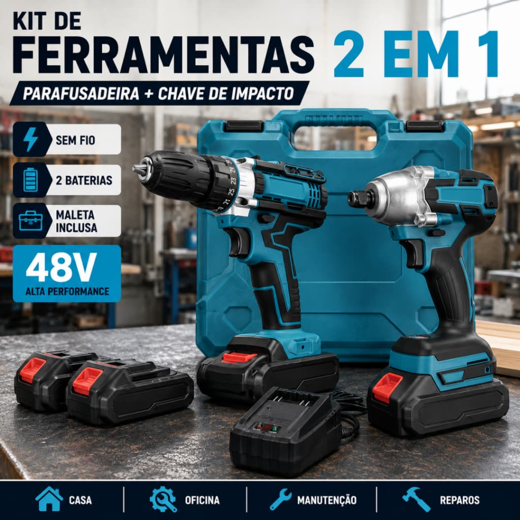 Kit 2 em 1 Ferramentas 48V com 2 Baterias – Parafusadeira + Chave de Impacto Sem Fio Profissional