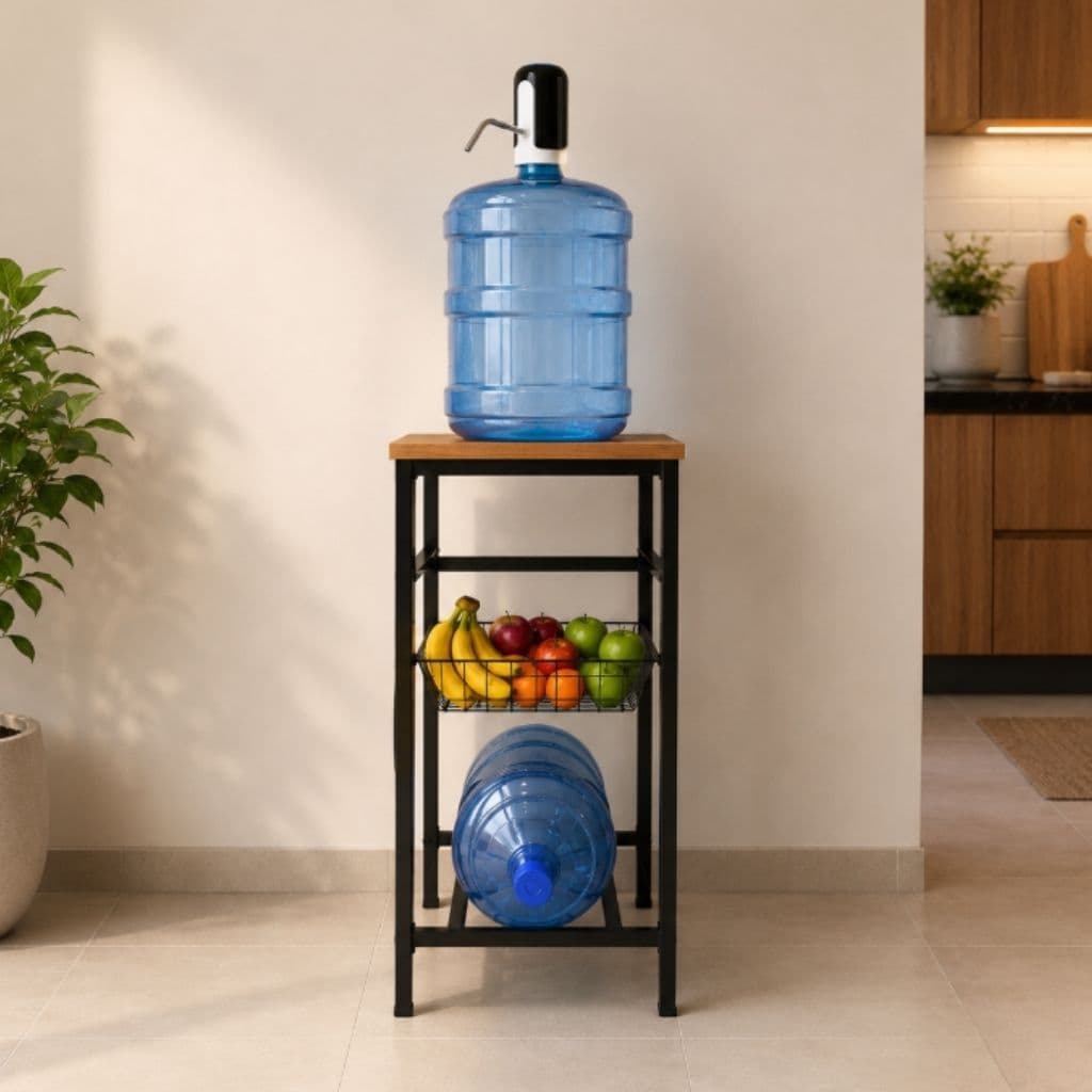 Suporte Para 2 Galões 20 Litros E Bebedouro Com Cesto Fruteira Tampo MDF Aço Reforçado