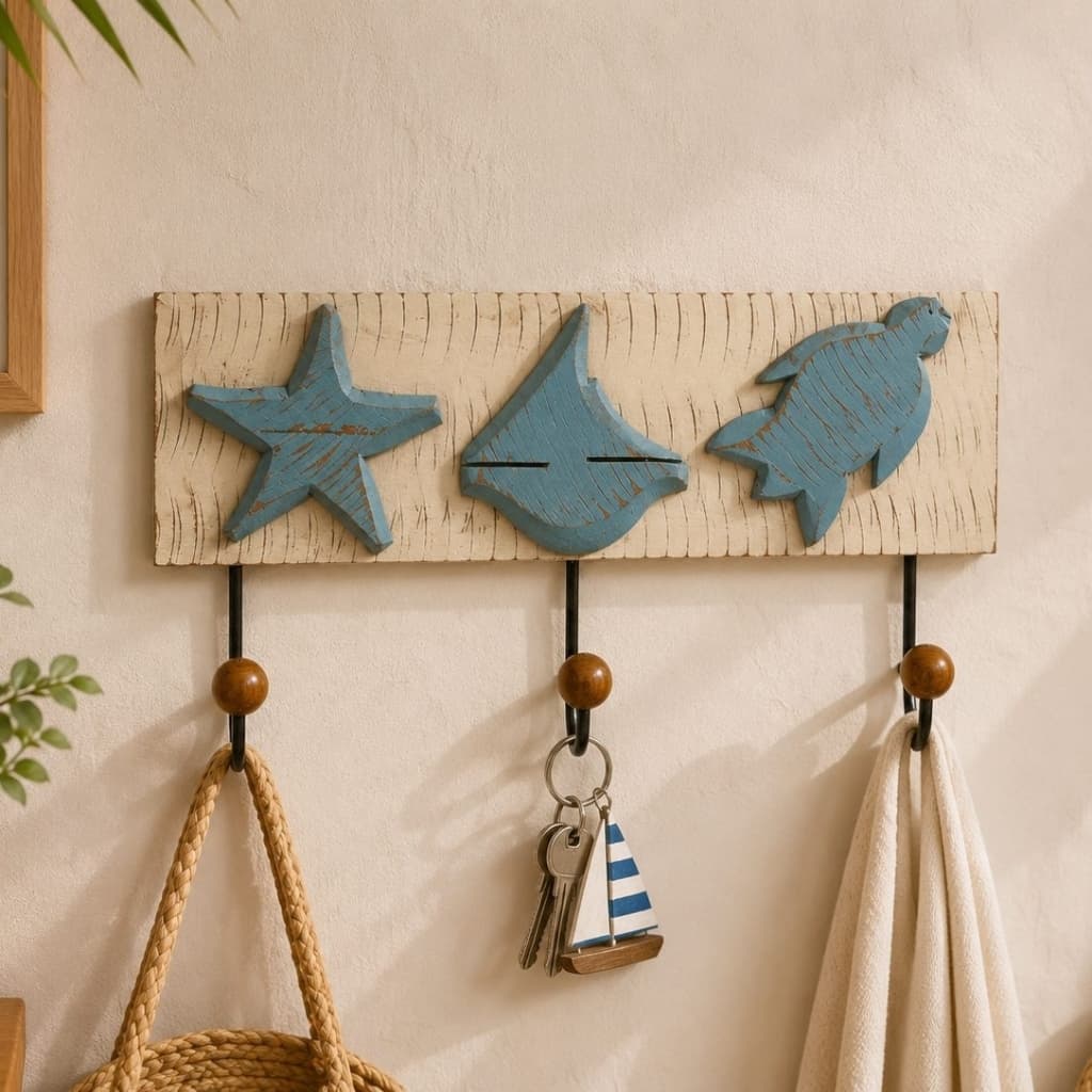 Cabideiro Decorativo 40 CM Praiano Náutico de Parede 3 Ganchos Madeira Enfeite Praia Tartaruga Baleia Âncora Estrela