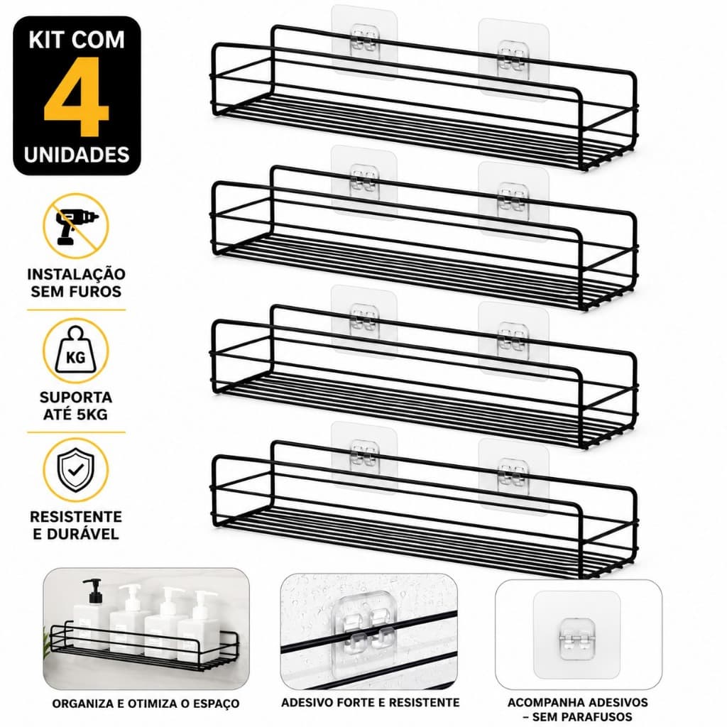 KIT 1/2/3/4 Organizador de Chuveiro Suspenso, Cesto Adesivo para Banheiro, Preto Metal Cor Preto Alta qualidade