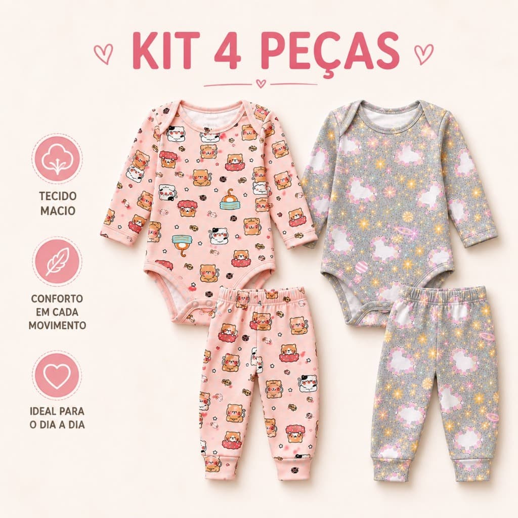 Kit 4 Peças Bebê Menina 2 Body Manga Longa + 2 Calças Quentinho Macio Inverno RN ao G