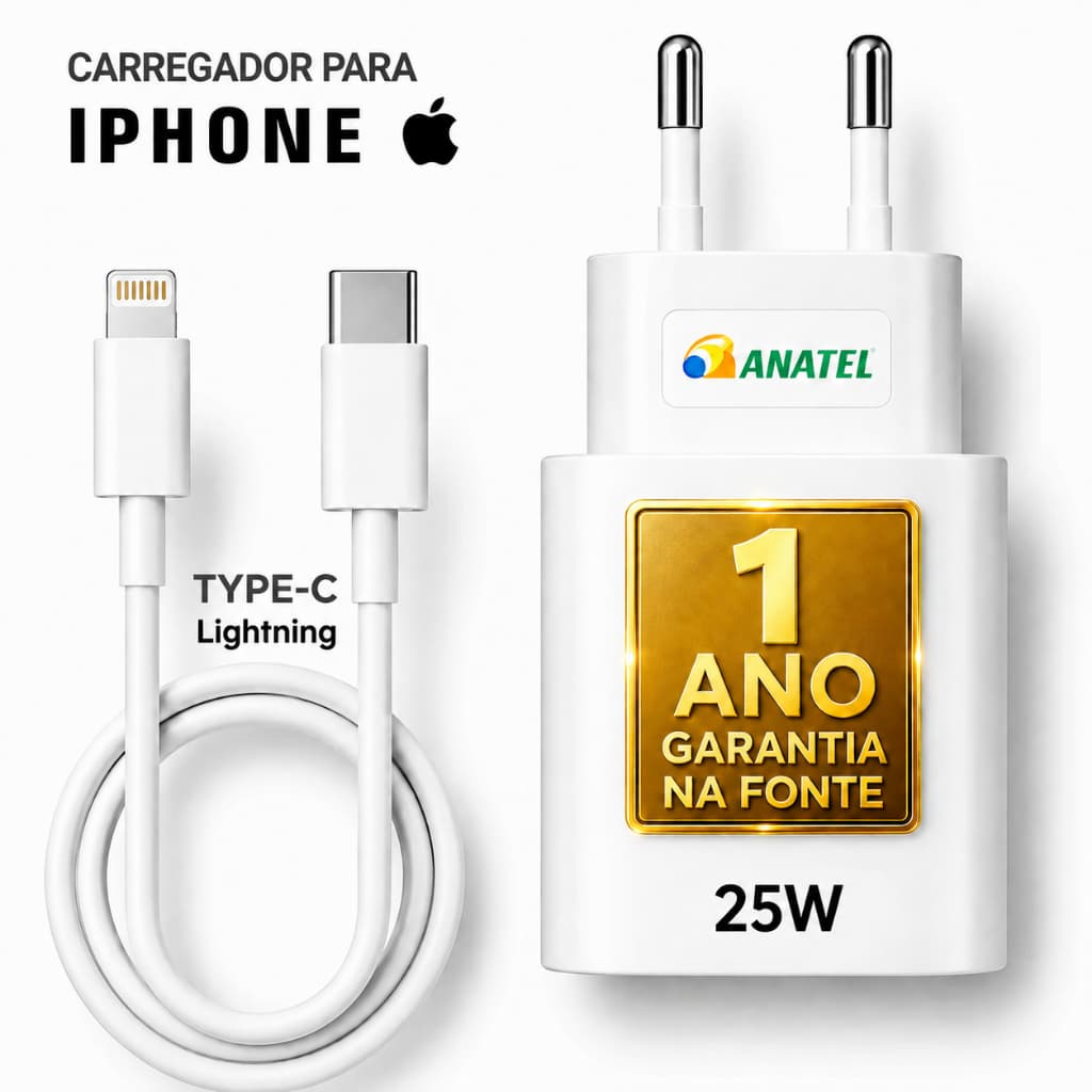 Kit Carregador iPhone Completo Turbo com Cabo Reforçado de 1M – Compatível com iPhone 8 ao 14 - DTimp