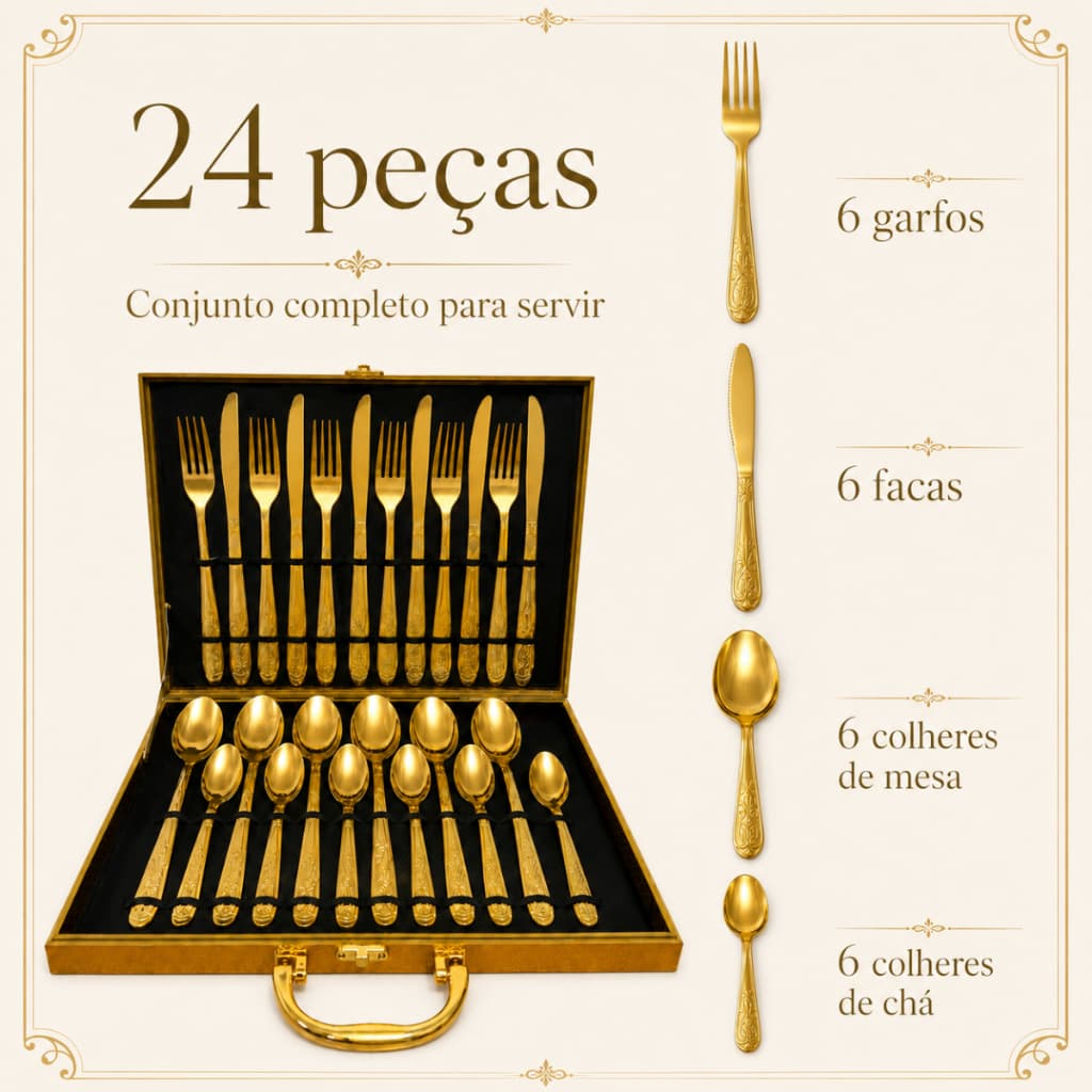 Faqueiro Dourado 24 Peças com Maleta Jogo de Talheres Completo 6 Pessoas Garfos Facas Colheres Mesa Posta Presente