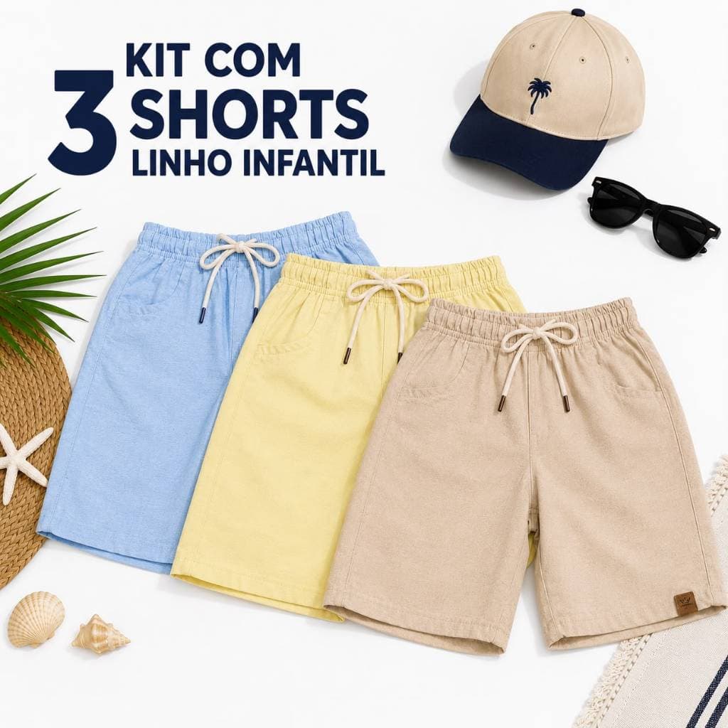 Kit 3 Shorts Bermuda Infantil Linho Masculino Tamanho 02 a 10 Anos Premium Luxo Mauricinho Envio Imediato