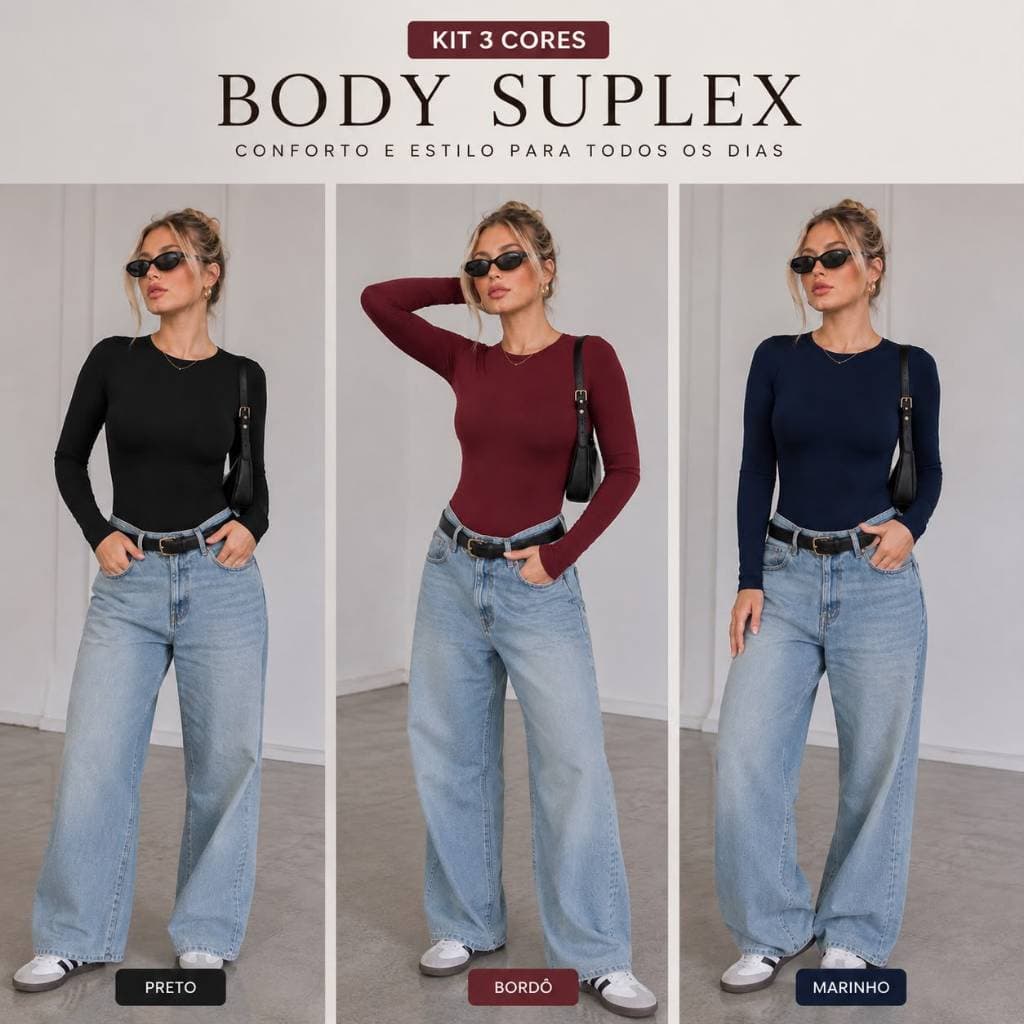 Kit Body Feminino Suplex Manga Longa Segunda Pele Decote Careca Premium Liso Frio Inverno