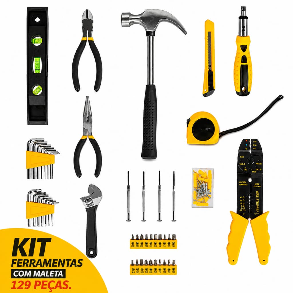 Kit de Ferramentas com Maleta 129 Peças Kit Presente Manutenção Residencial e Serviços Diversos