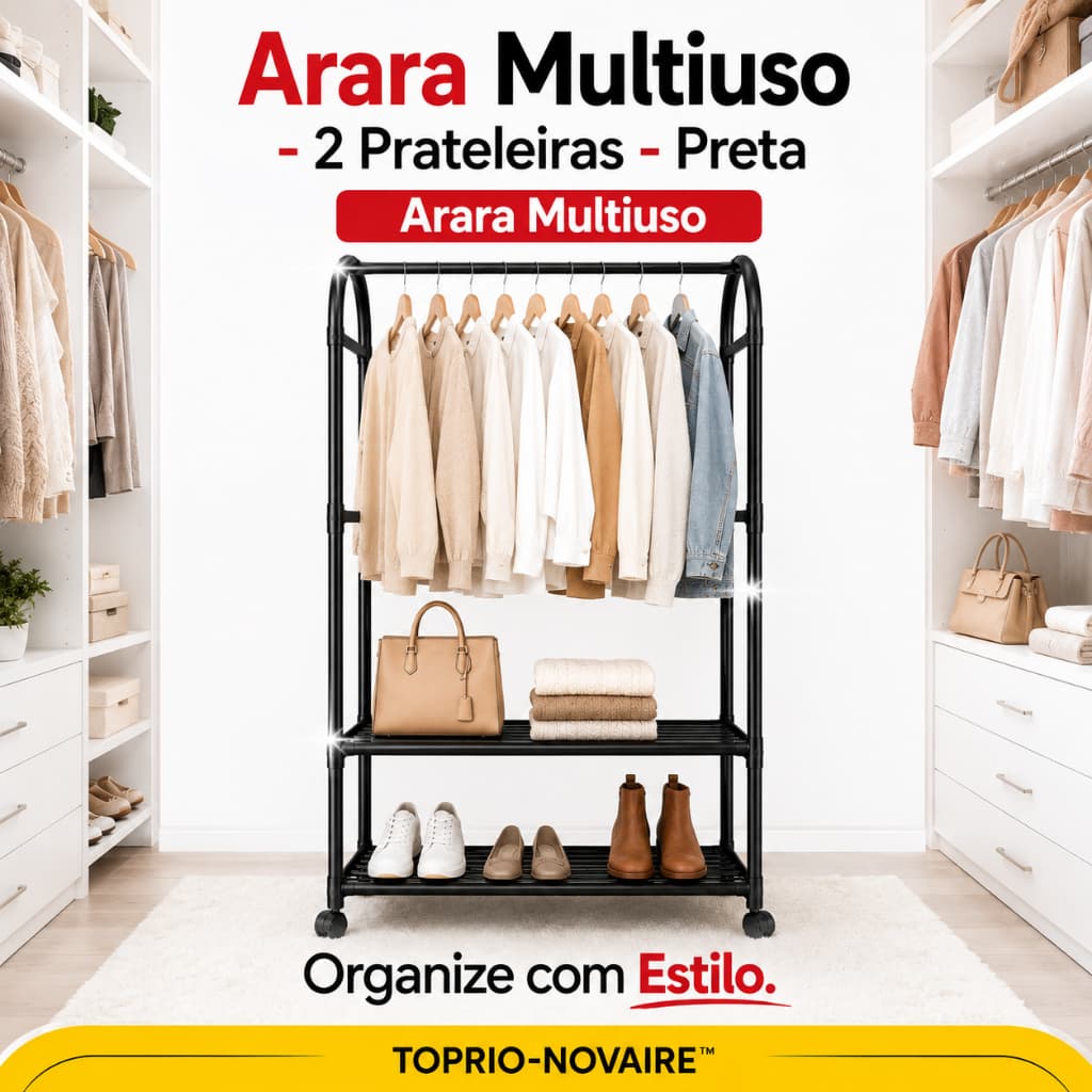 Arara de Roupas Multiuso 2 Prateleiras Preta com Rodinhas Cabideiro Organizador Closet Quarto