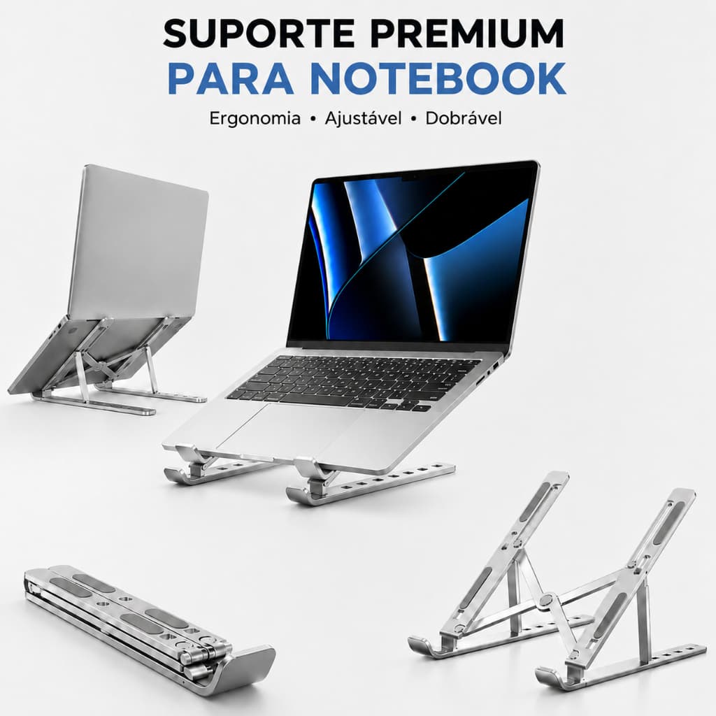Suporte Para Notebook em Alumínio Ajustável Dobrável 6 Posições Ergonômico para Mesa