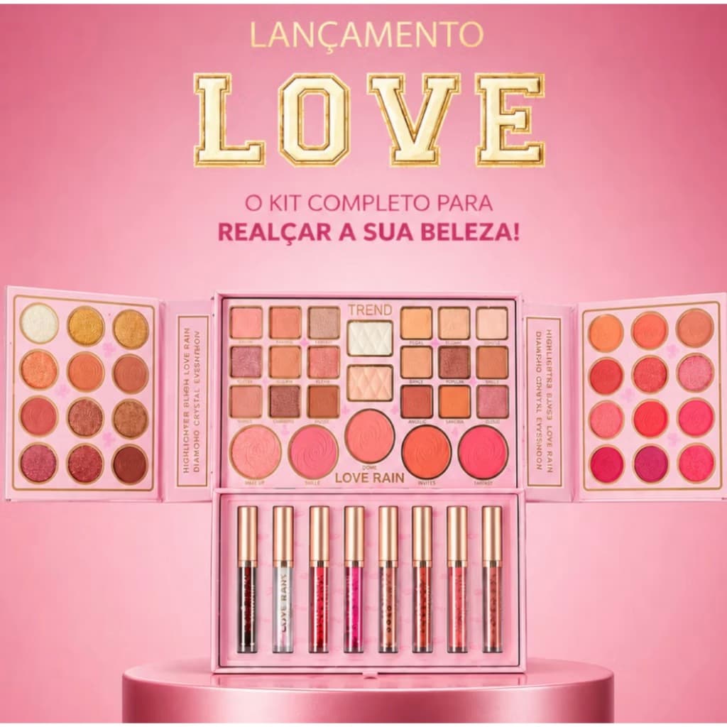 Kit Maquiagem Love Rain 49 Cores Sombra Blush Iluminador + 8 Gloss Labial Multifuncional Alta Pigmentação - LOVE RAIN