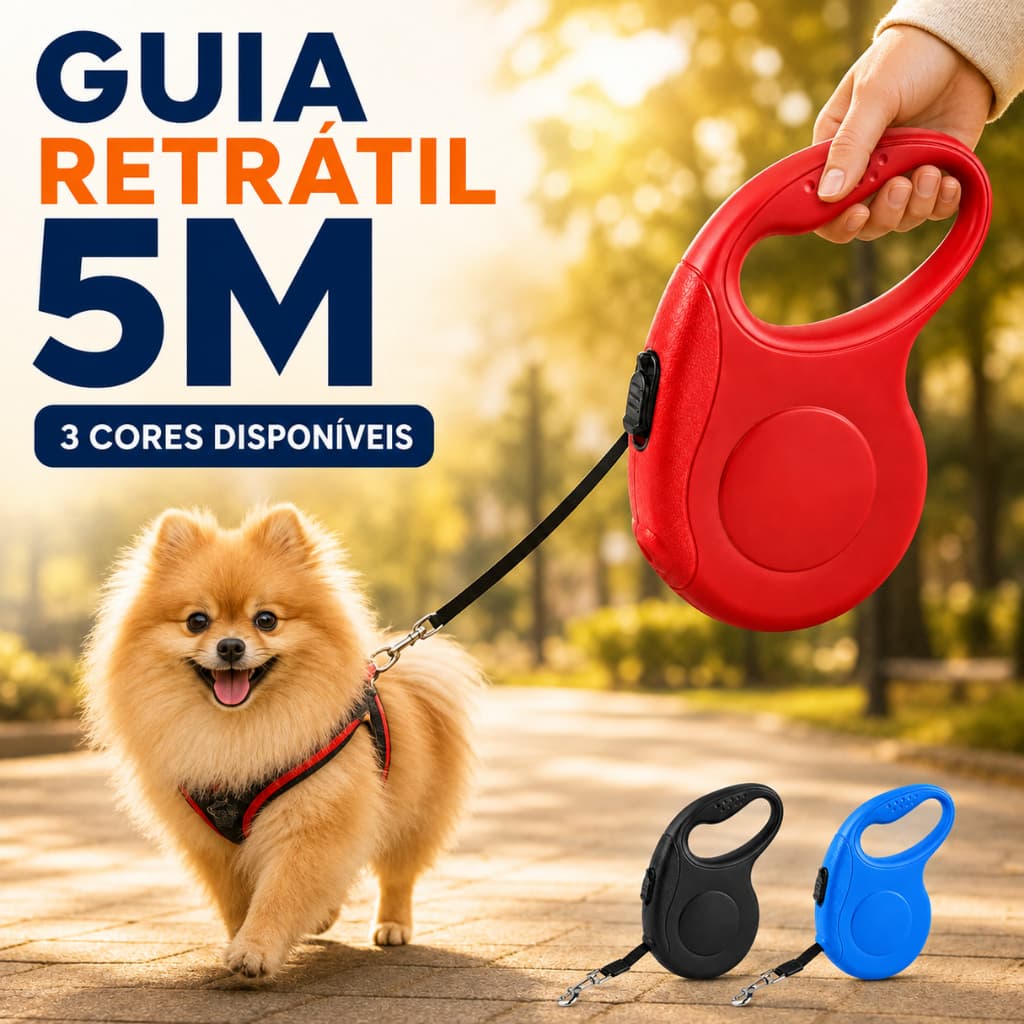 Coleira Guia Retrátil 3/5 Metros Para Cachorro e Gato Automática Com Trava - Pet Pequeno e Médio Porte