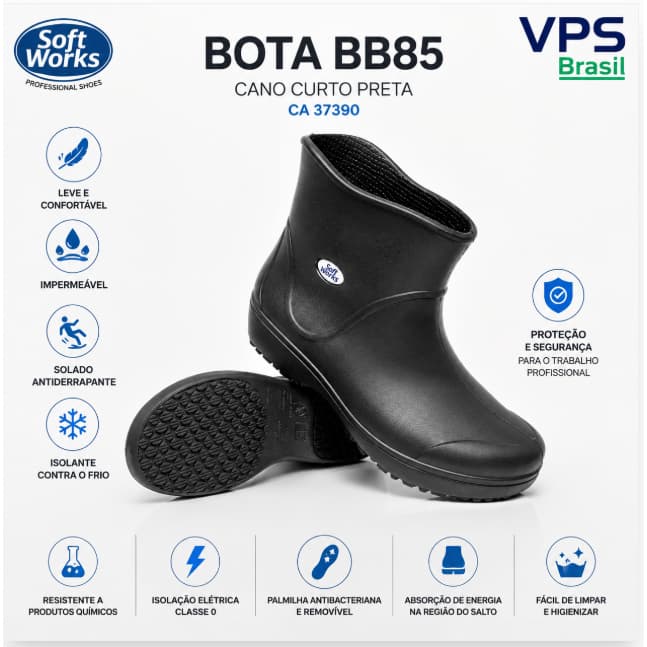 Bota de Segurança Soft Works BB85 Preta Cano Curto CA 37390 – Bota EPI Confortável, Impermeável e Antiderrapante