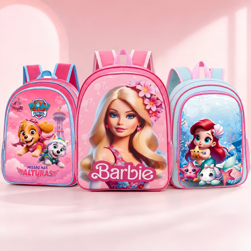 Mochila Escolar Infantil Feminina Grande Menina Unicórnio Barbie Stitch Barbie | Envio imediato