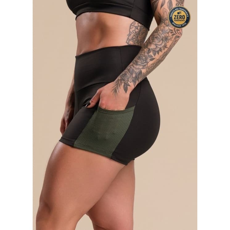 Short Fitness Colorido Cintura Alta Feminino Com Bolso Tela Academia Treino Corrida ZERO TRANSPARÊNCIA