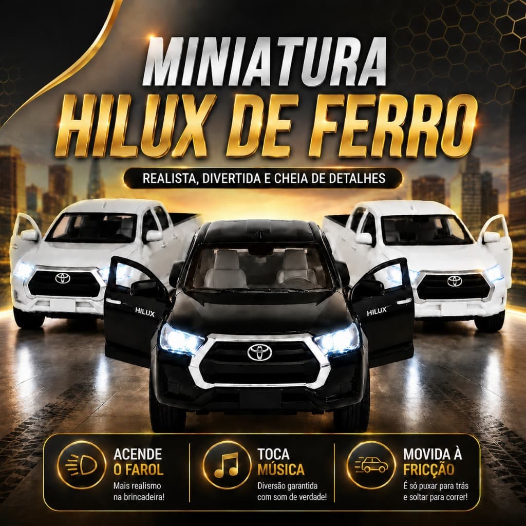 Miniatura Hilux de Ferro Farol com Luz Toca Musica Carrinho de Fricção Abre Portas