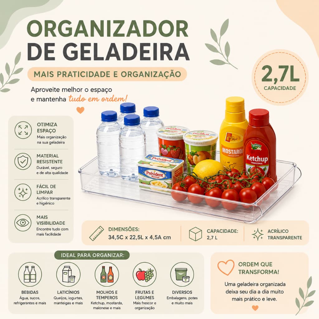 Cesto Organizador de Geladeira Cristal - 34,5 x 22,5 x 4,5 - 2,7cm - 2,7 LT